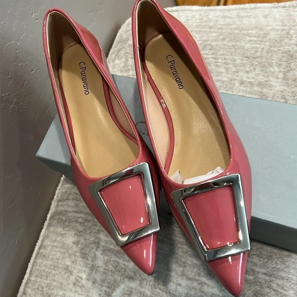 Pointed Toe Pink Vegan Patent Leather Flats with Silver Accent Size 37 It#P03